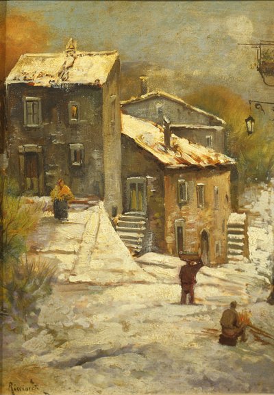 Figures in a Snowy Village by Oscar Ricciardi
